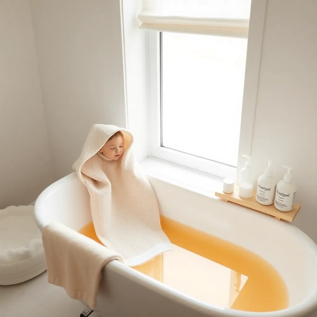 Bañera de bebé con toalla y productos de baño