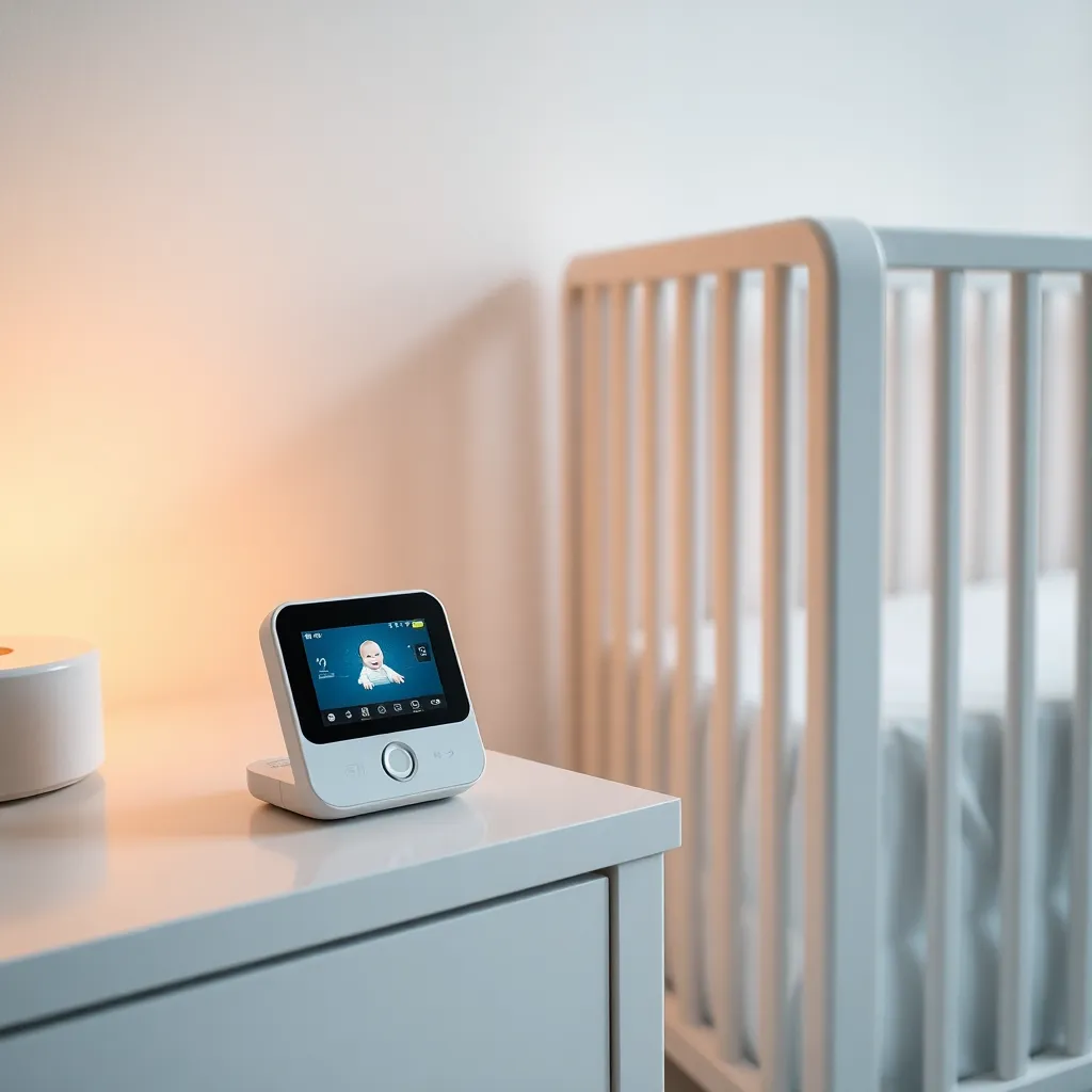 Monitor vigilabebés en mesita de noche junto a la cuna