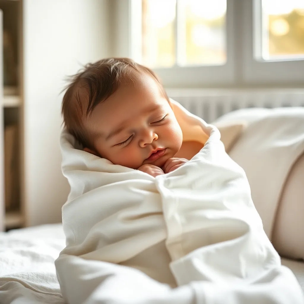 Bebé recién nacido durmiendo envuelto en saco de dormir blanco